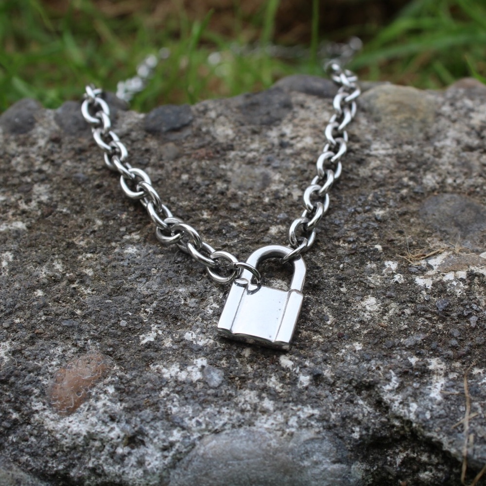 silver chain lock necklace
